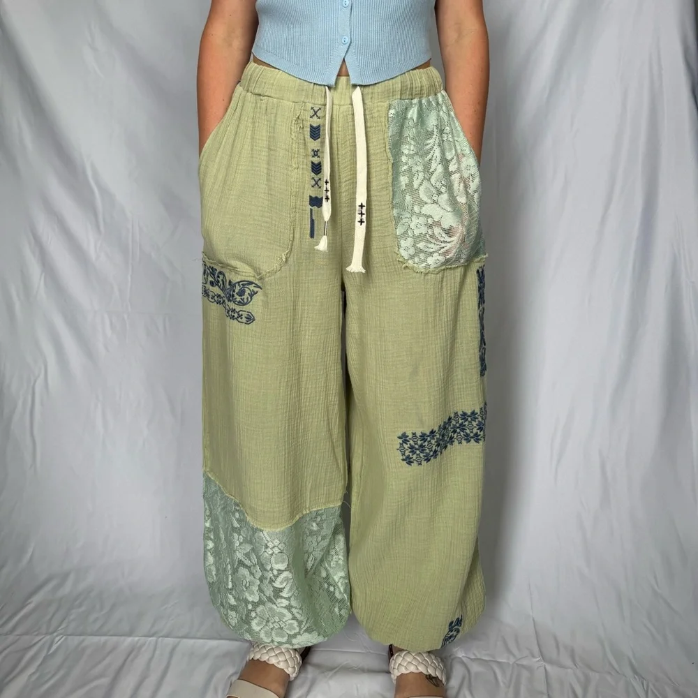 POL Sage Green Wide-Leg Patchwork Drawstring Pants - Picture 2 of 3